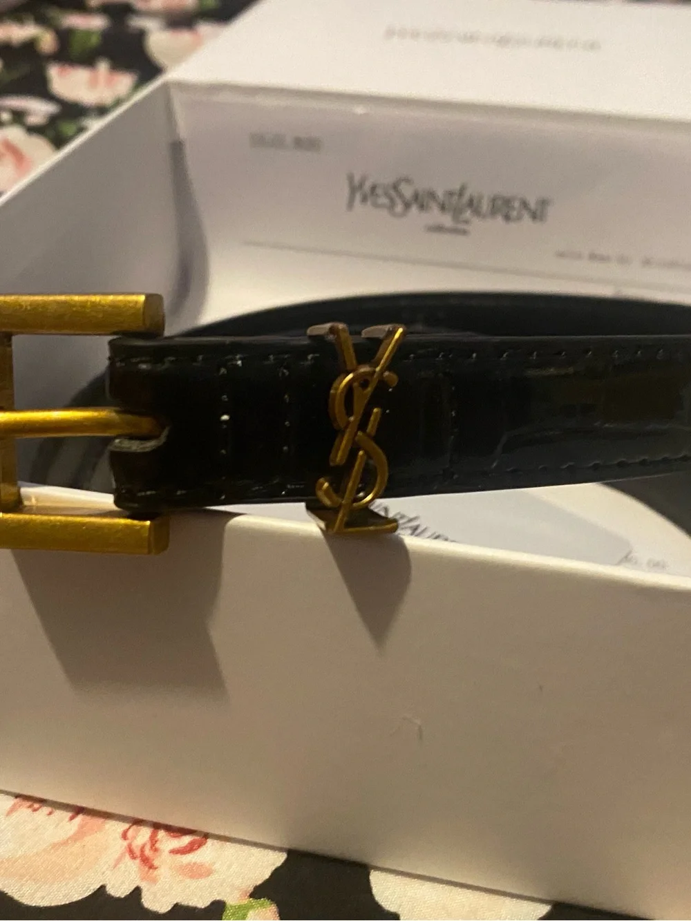Yves Saint Laurent Black Leather Belt with Gold YSL Logo